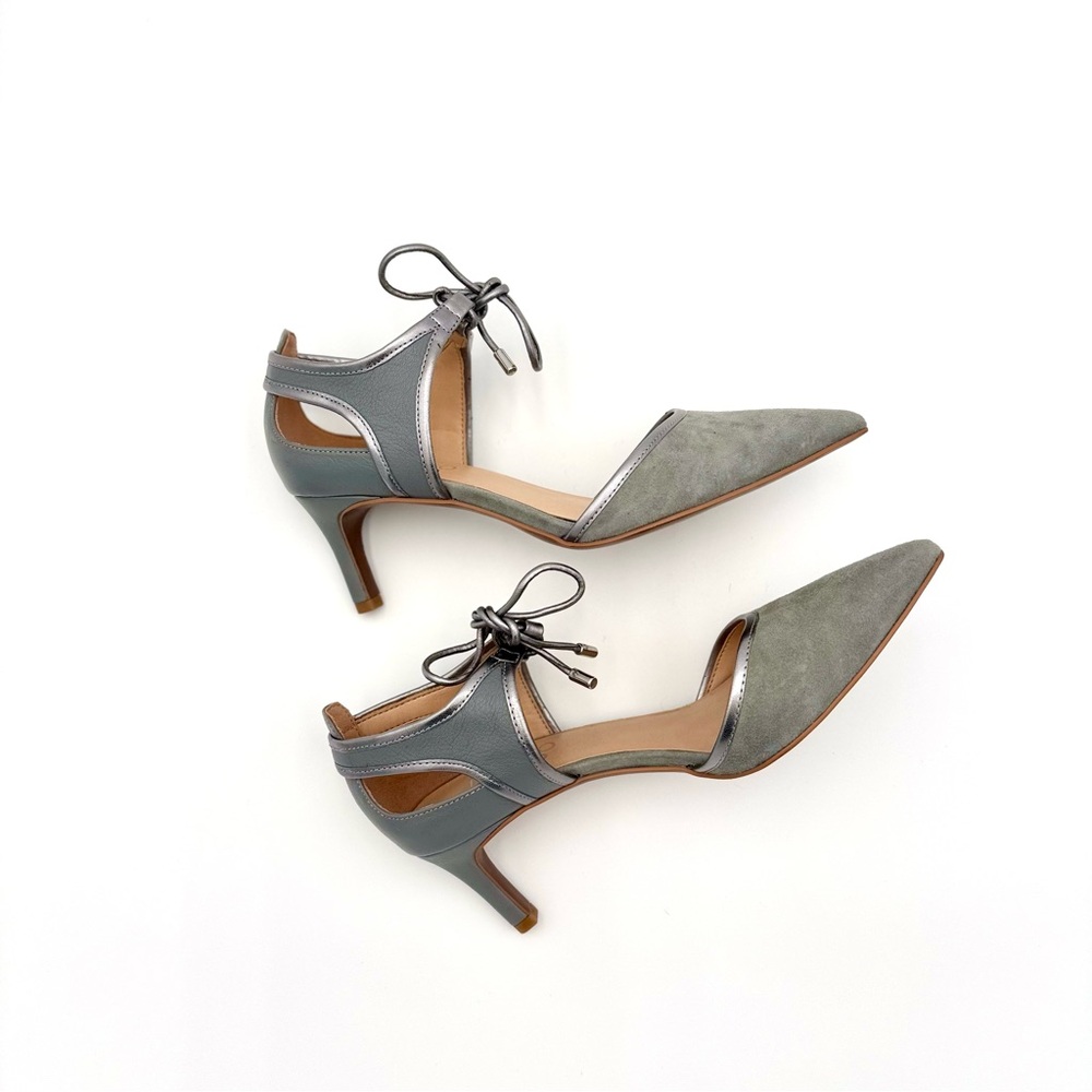 Franco Sarto Light Grey Pointed Toe Kitten Heels with Ankle Ties